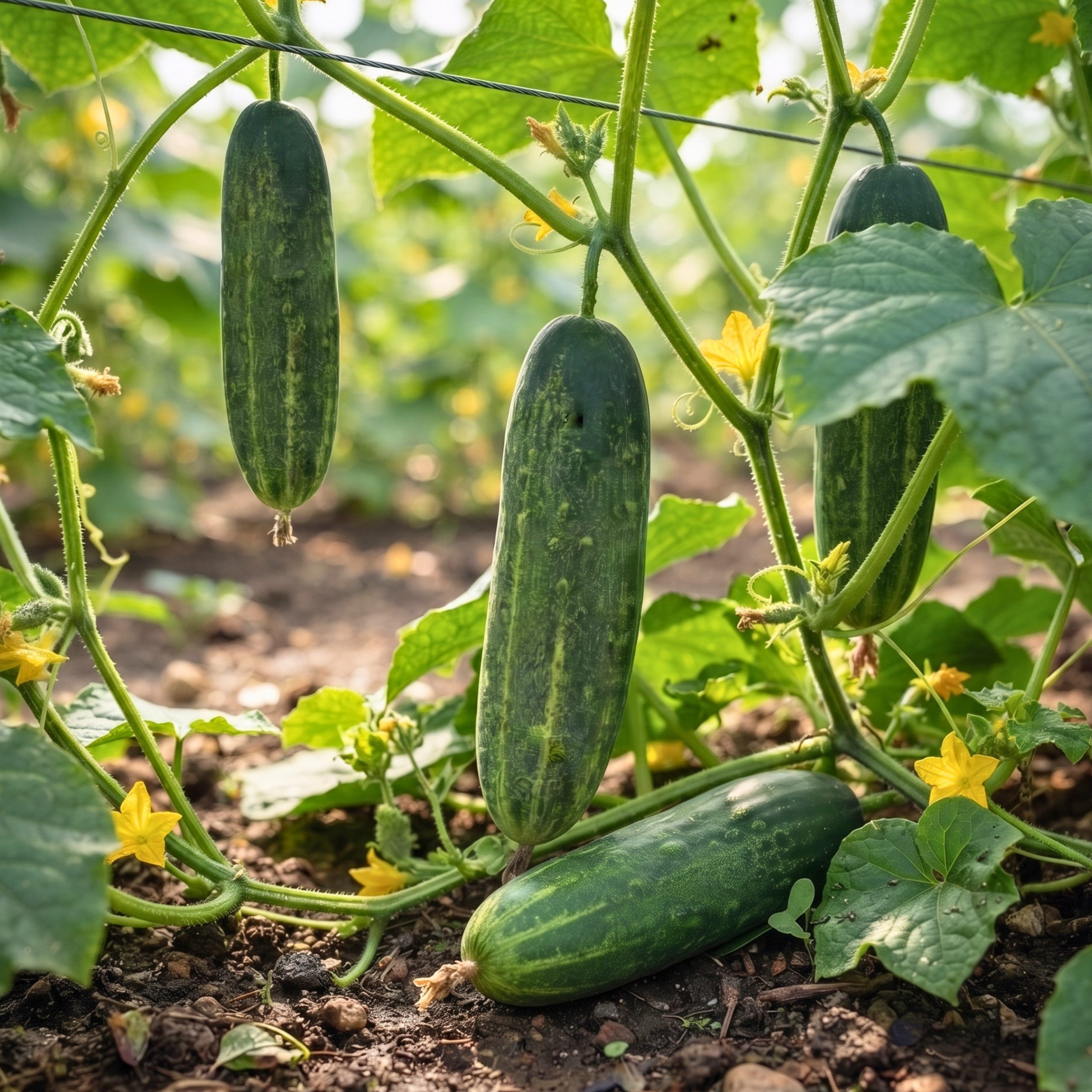 Fresh Cucumber Banolota fruits hanging on healthy vines with yellow blossoms, ready for harvest.