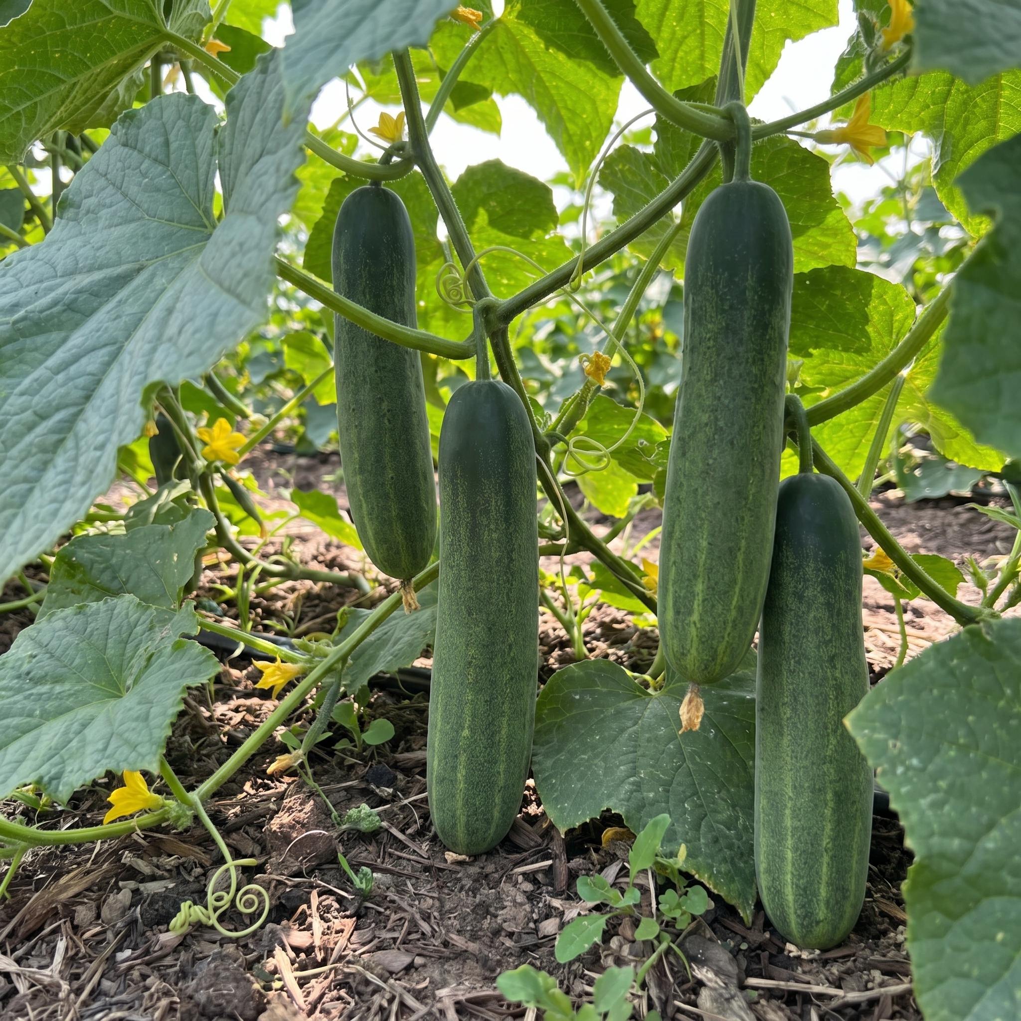 Fresh Cucumber Mitali Long Green fruits with smooth green skin harvested from vigorous garden vines.