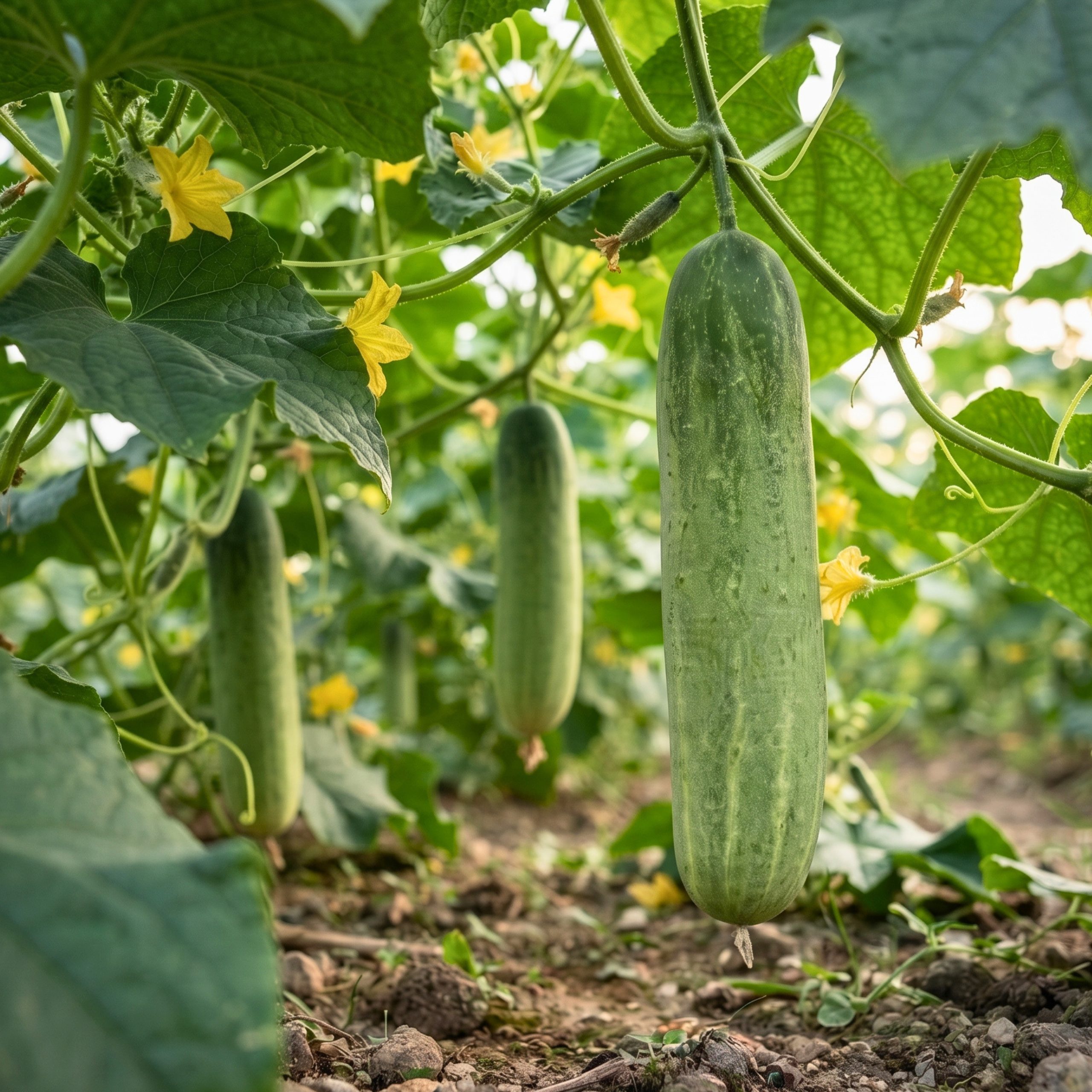 Healthy Cucumber Profit-2 plants producing uniform light green cucumbers growing on vigorous vines in a vegetable garden.