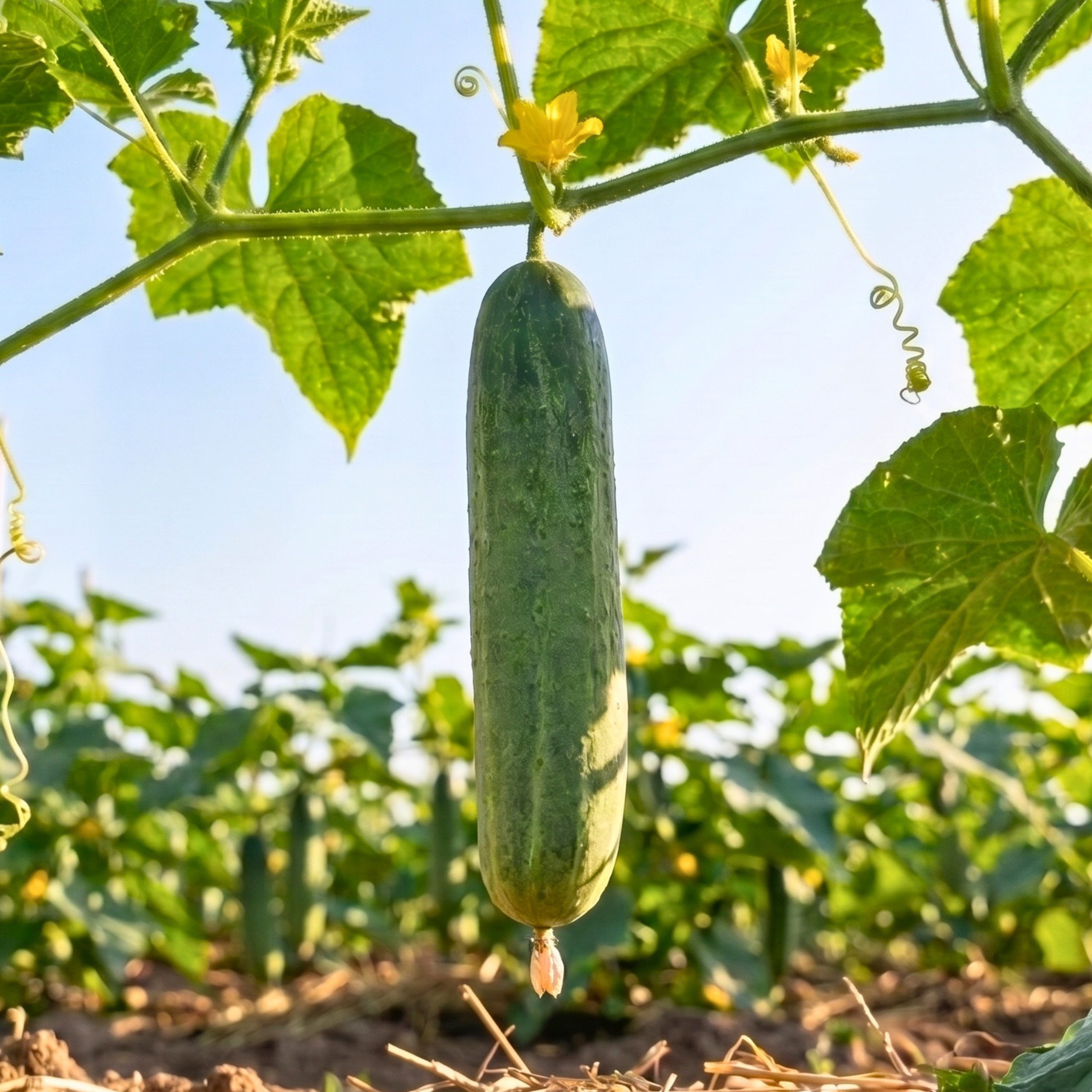 Light green Cucumber Profit-2 fruit hanging from healthy cucumber vines, ready for harvest in the home garden.