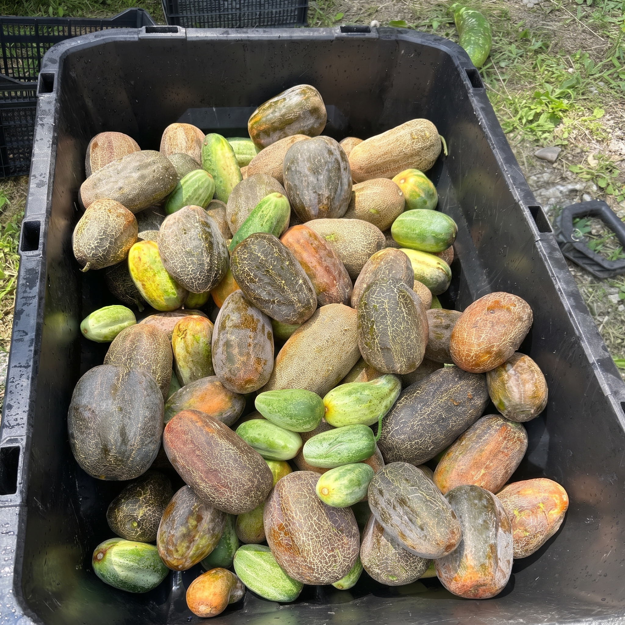 Freshly harvested Cucumber (Khira) Naogan-5 cucumbers displaying uniform deep green fruits in harvest bins.