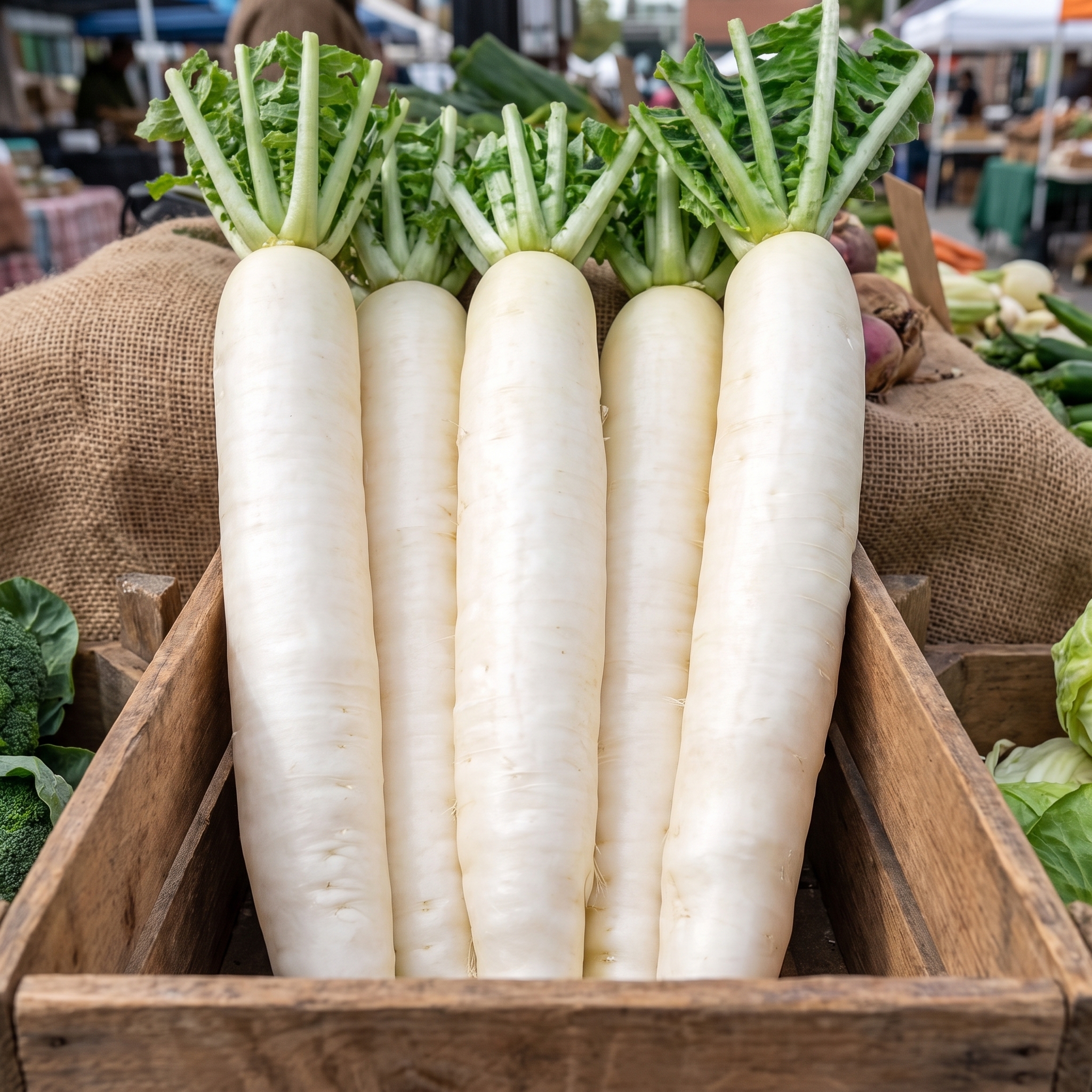 Radish Mino Early White Seeds producing long white Daikon radishes with smooth cylindrical roots in fertile garden soil.