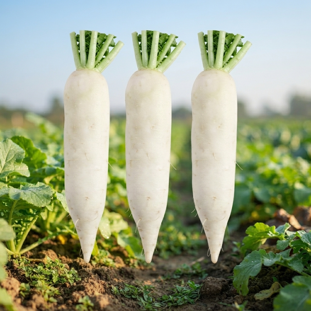 Premium Radish Sangu White Seeds producing uniform white Daikon radishes for home gardens, raised beds, and commercial vegetable farming