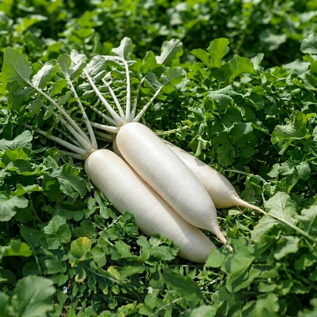 Fresh Radish Sangu White (Raphanus sativus) growing in the garden with long milky white roots ready for harvest