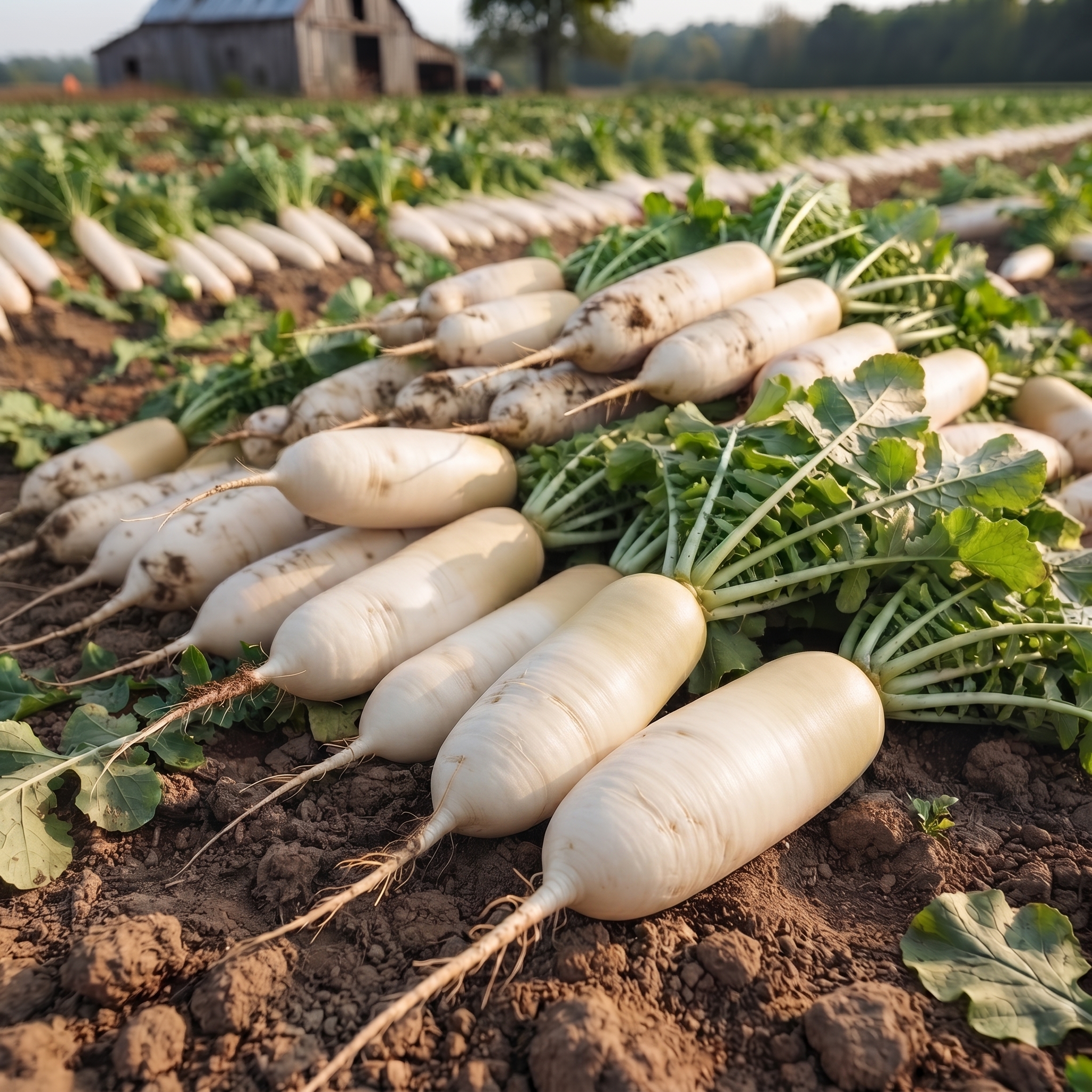 Radish Swift 42 Seeds growing uniform white roots in raised beds for backyard gardens and commercial vegetable production.