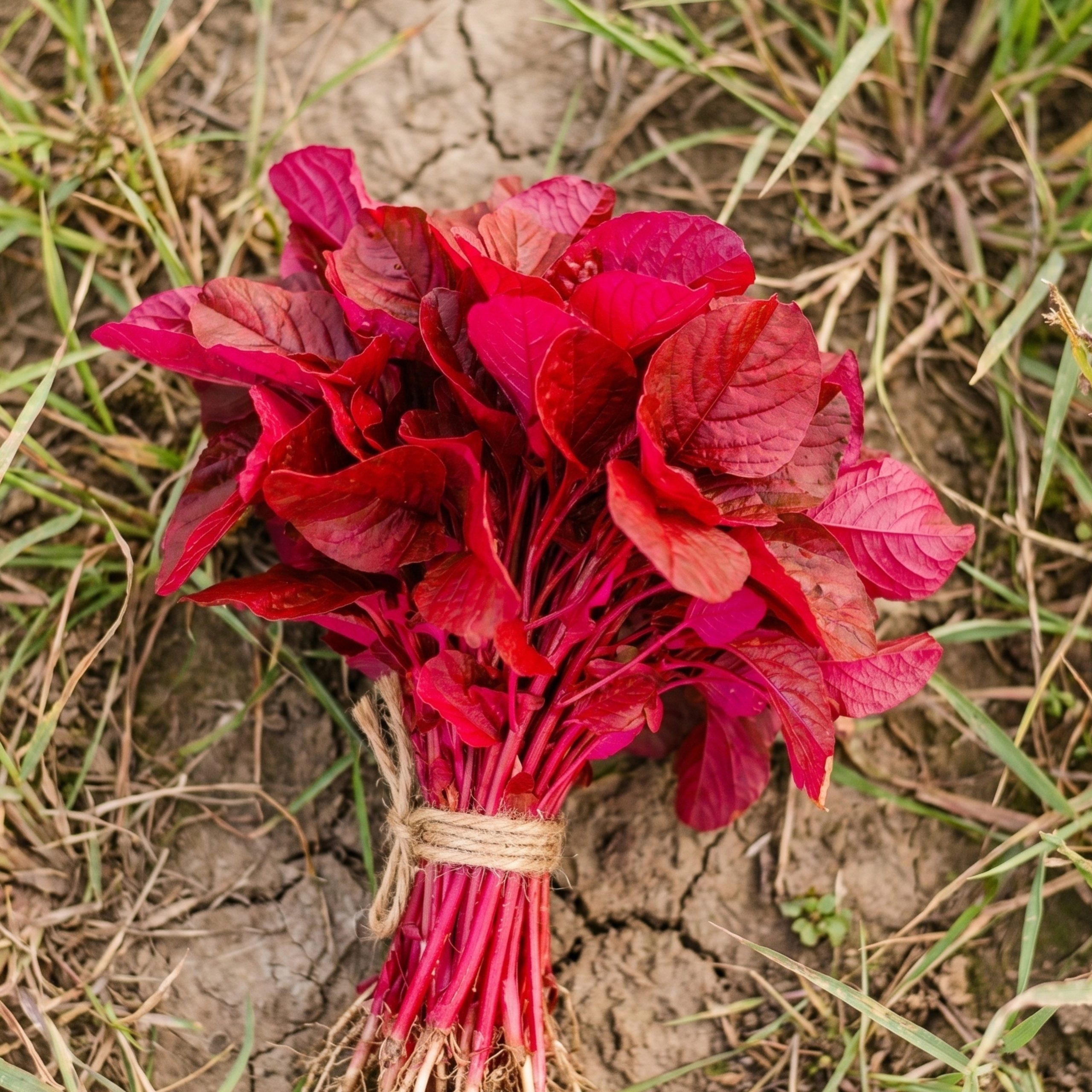 Bundle of freshly harvested Red Amaranth (Lal Shak) leaves