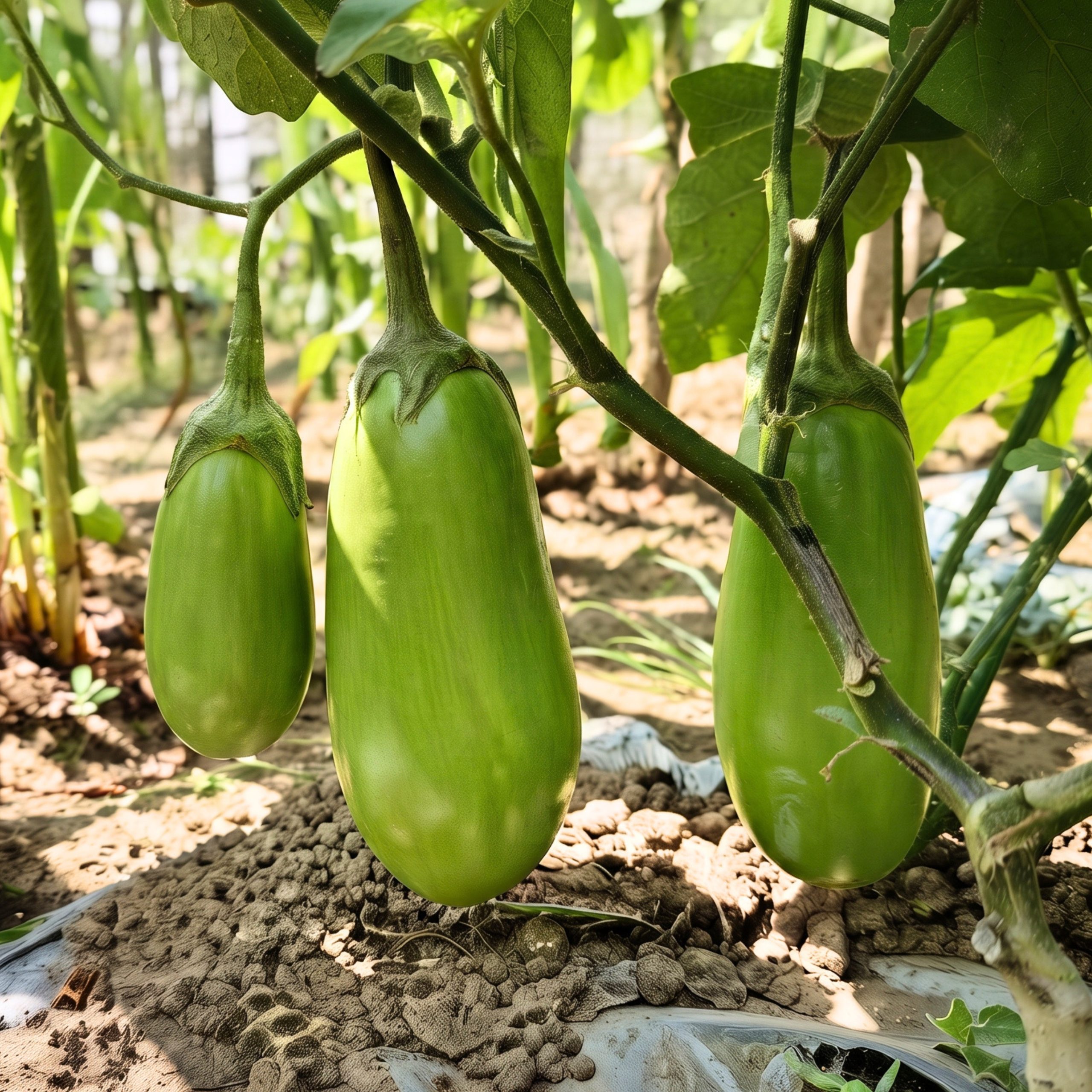 Brinjal Bari-12 plants producing smooth light-green eggplants in a protected vegetable garden.