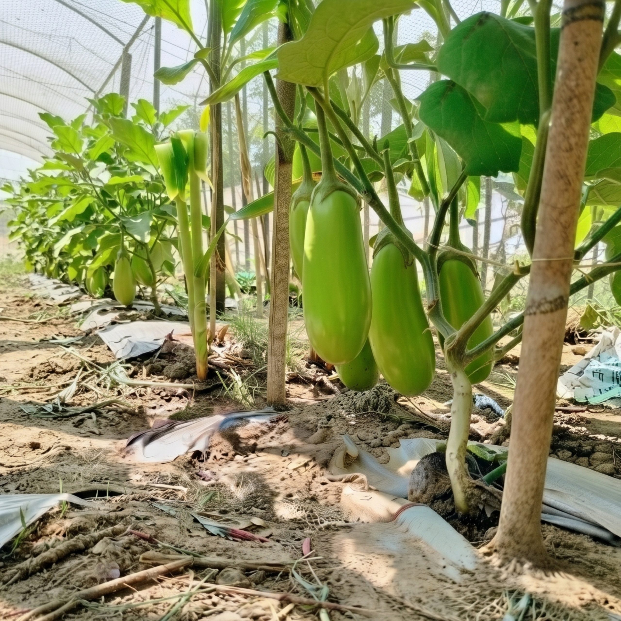 Premium Brinjal Bari-12 green eggplants growing on healthy Solanum melongena plants.