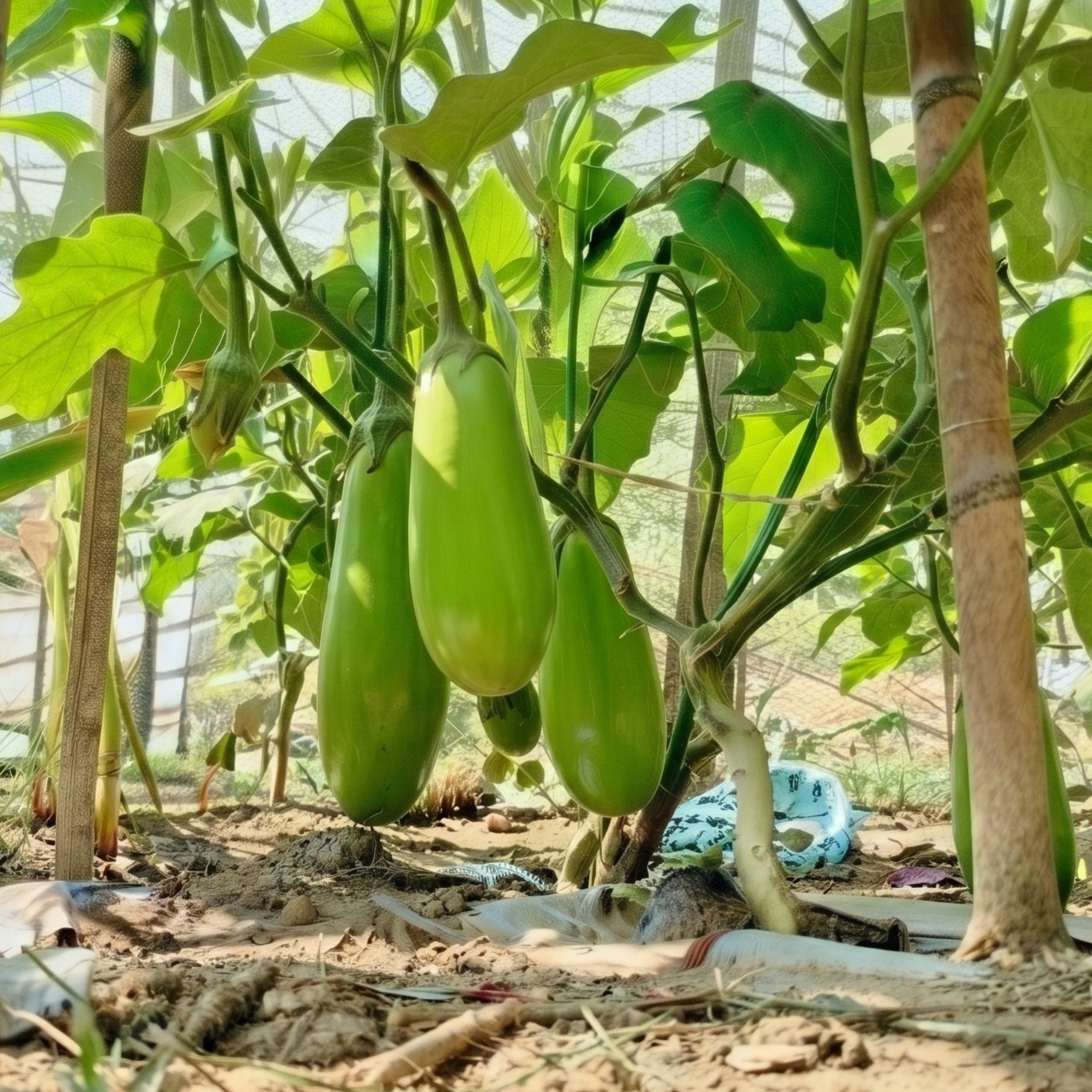Healthy Brinjal Bari-12 eggplant plants with uniform light-green fruits growing under protected cultivation.