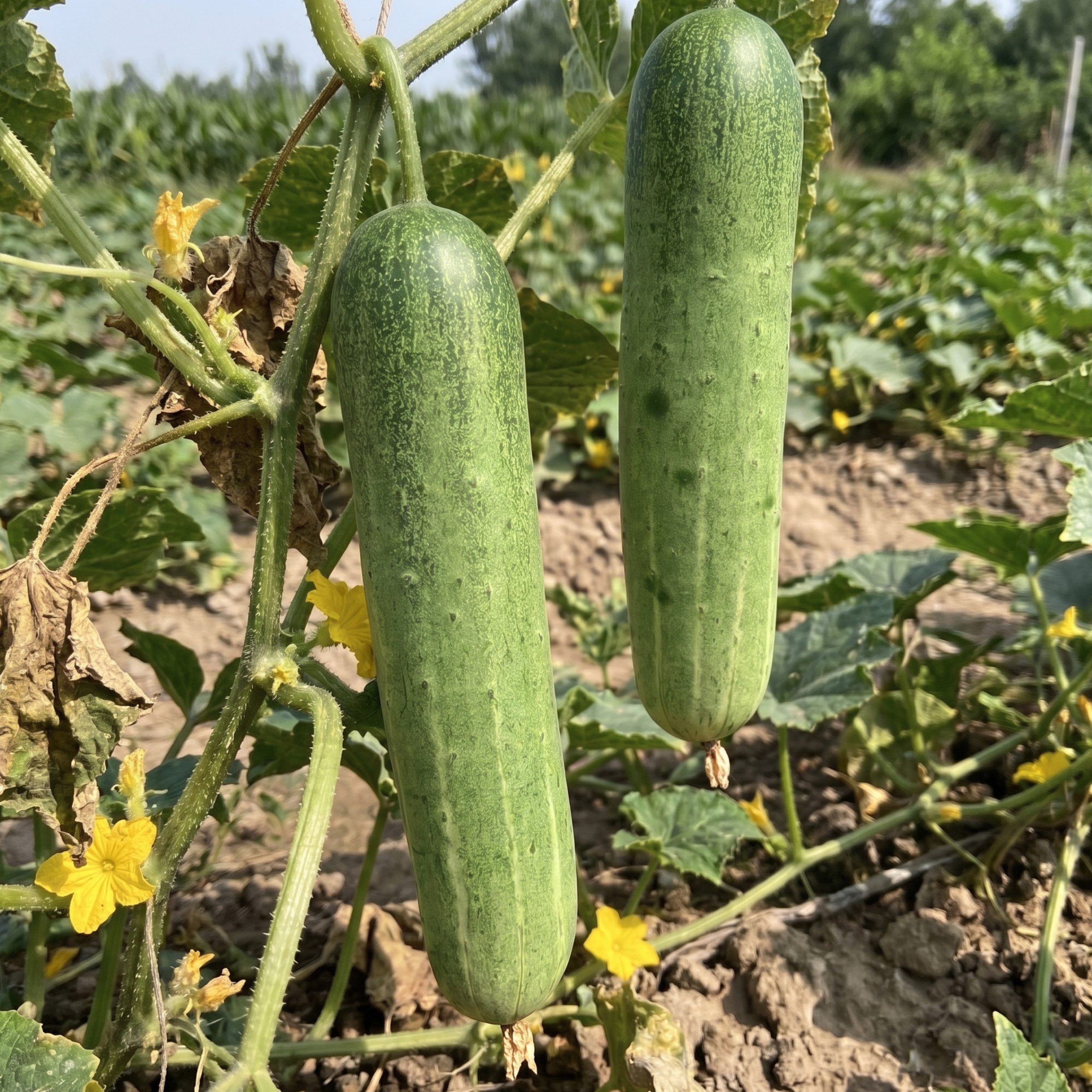 Long light green Giant Cucumbers growing on healthy garden vines with yellow blossoms.