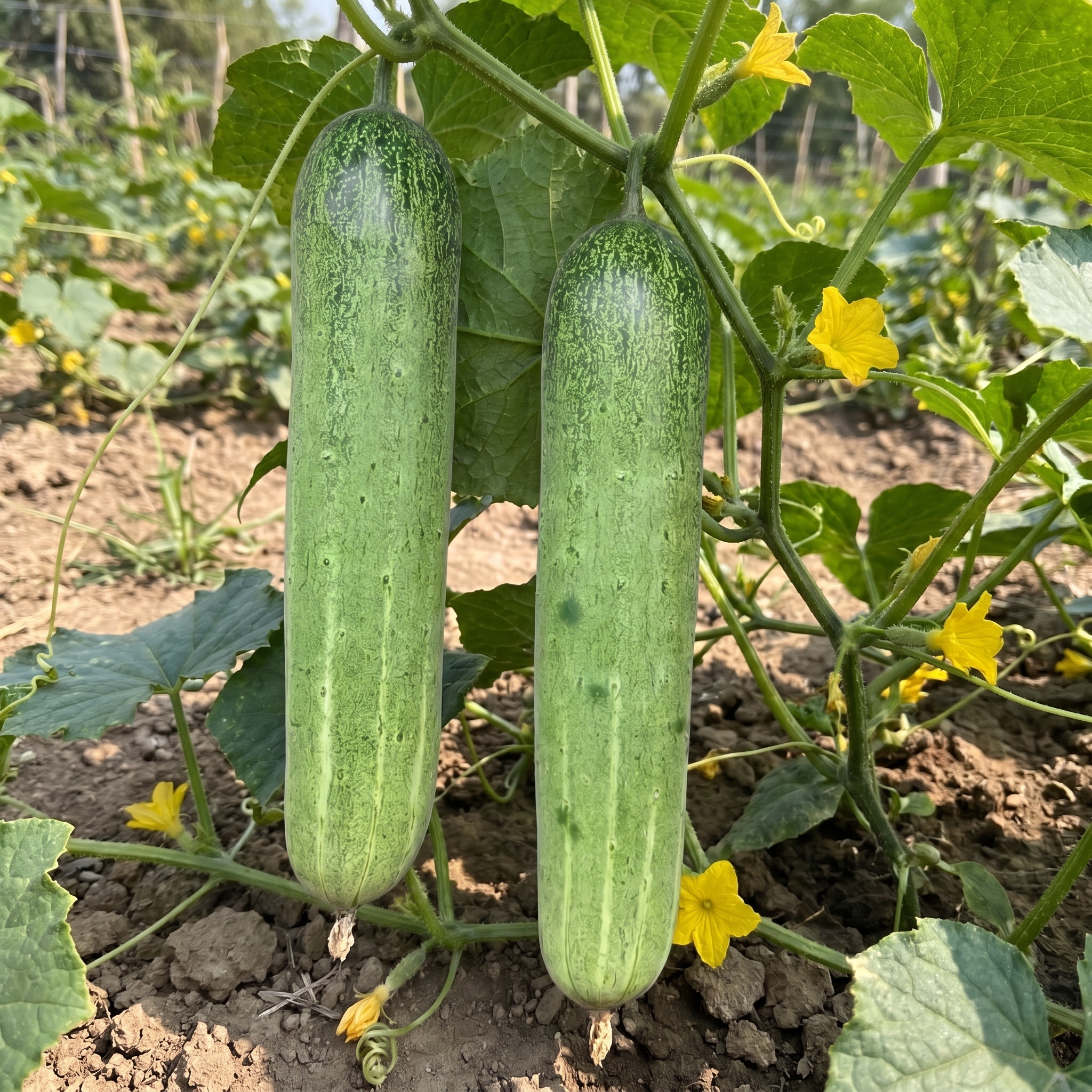 Mature Giant Cucumber fruits hanging from vigorous cucumber vines in a home garden.