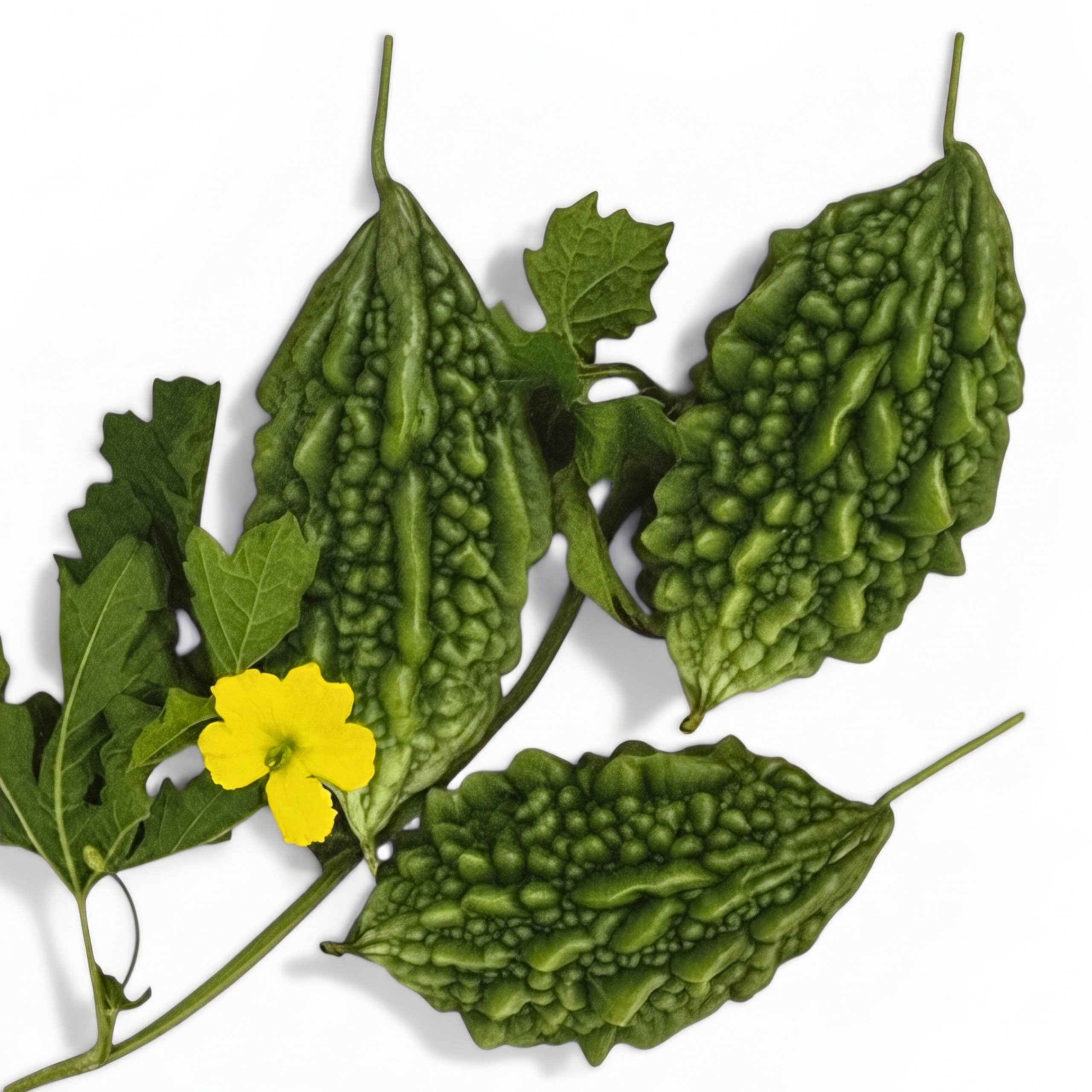 Bitter Gourd Giant Bolder Hybrid Seeds producing large green bitter gourds with deeply ridged skin, displayed with fresh vine leaves and yellow blossoms for home and market gardens.