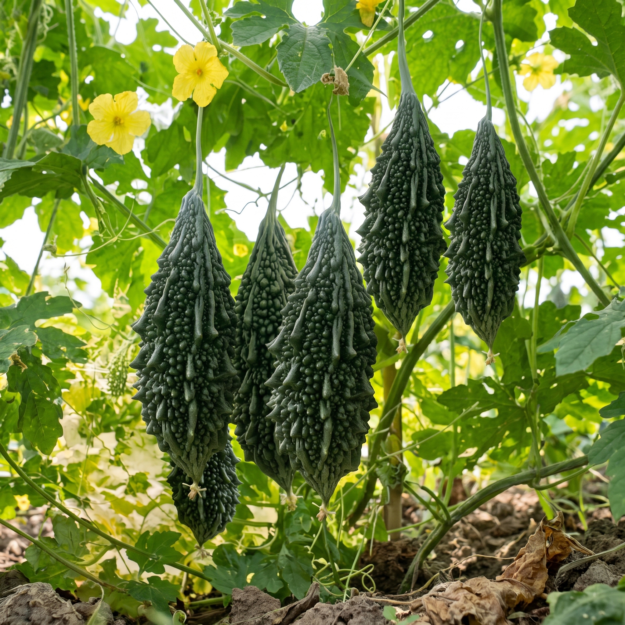 Bitter Gourd Super King Hybrid Seeds premium bitter melon karela variety with dark green textured fruits.