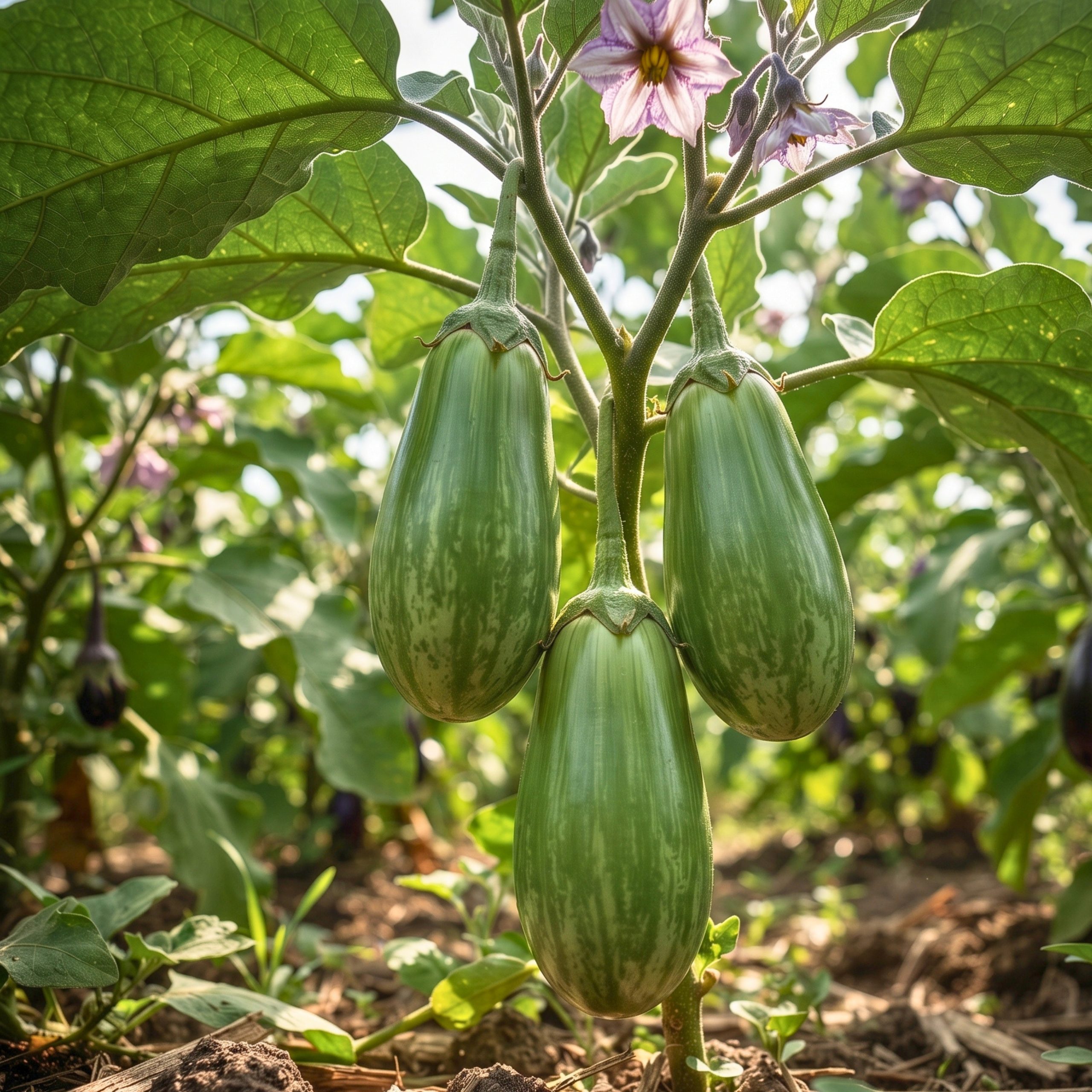 Brinjal Alrounder Hybrid Seeds with uniform oval green eggplants featuring attractive light striping, ideal for home gardens, raised beds, and commercial cultivation