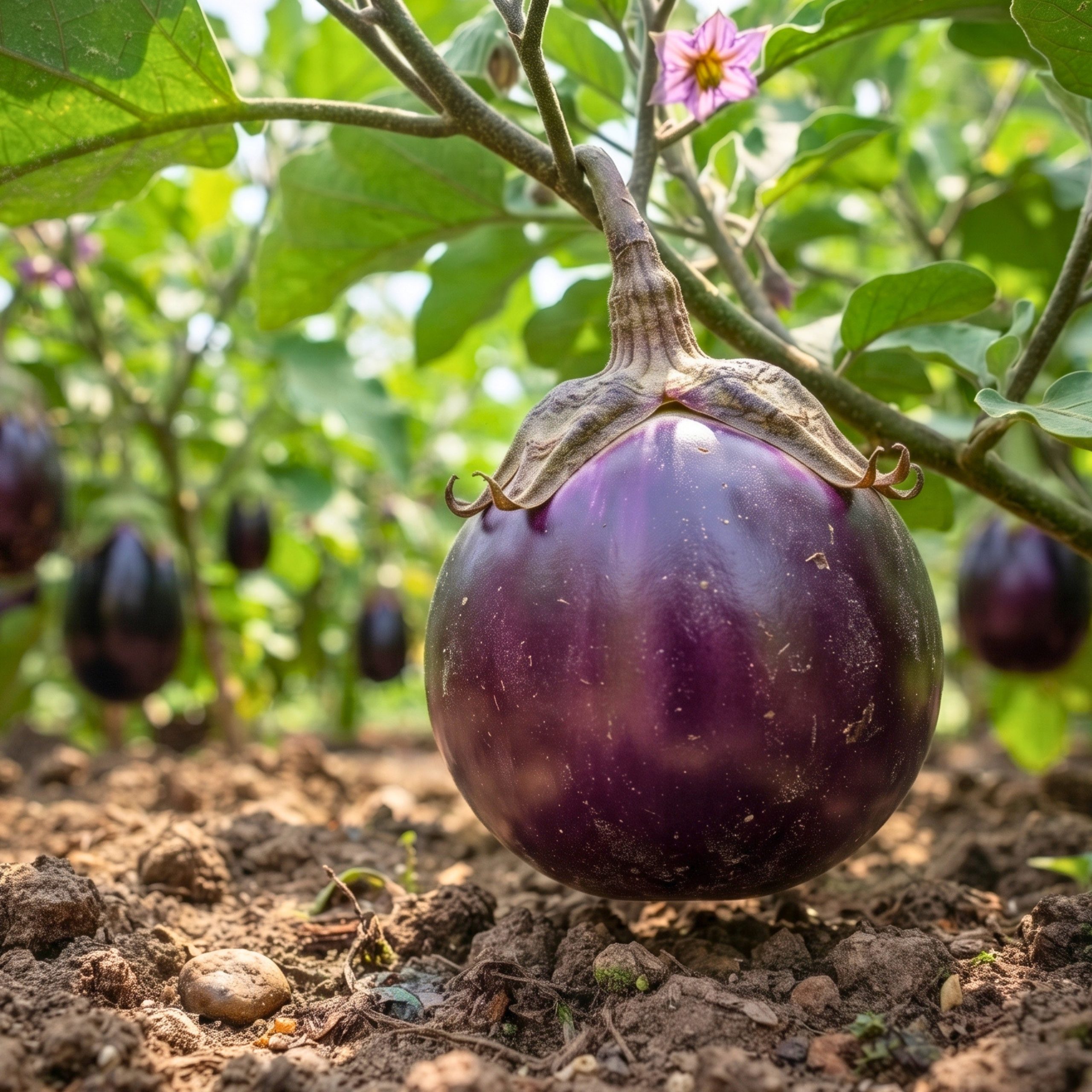 Brinjal Metal Tal Begun Seeds producing large round glossy deep purple eggplants growing on healthy plants in a productive vegetable garden