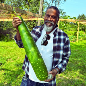 Homegrown bottle gourd harvest with gardeners