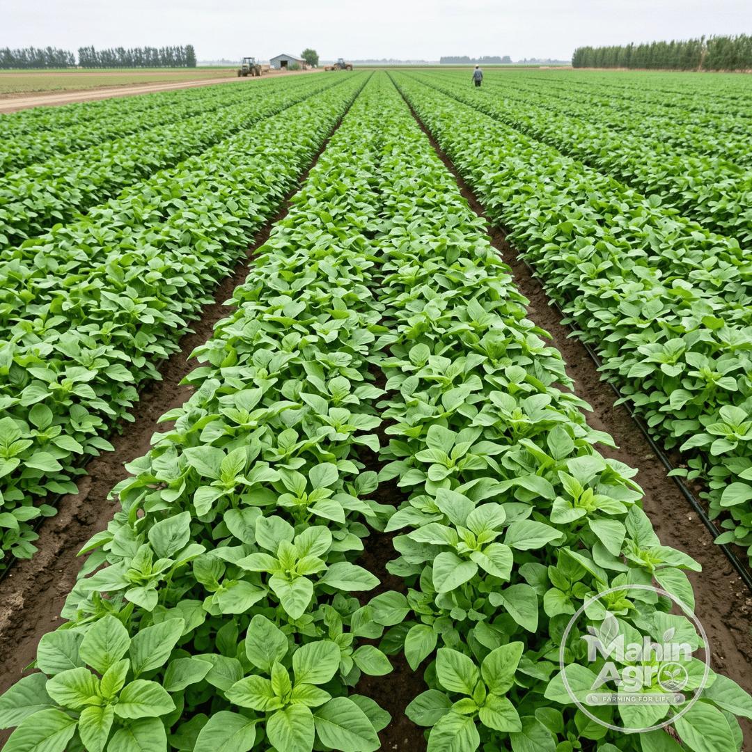 Rows of green amaranth plants growing in an open field