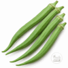 Four long green Perkins okra pods on a white background