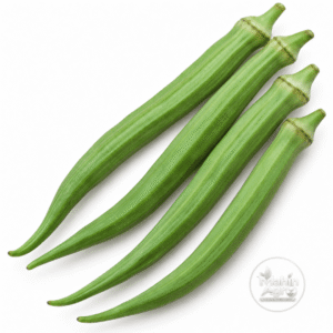 Four long green Perkins okra pods on a white background