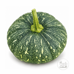 Pumpkin Dotty Sweet Seeds. Pumpkin Dotty Sweet with mottled green skin and a raised stem on a white background